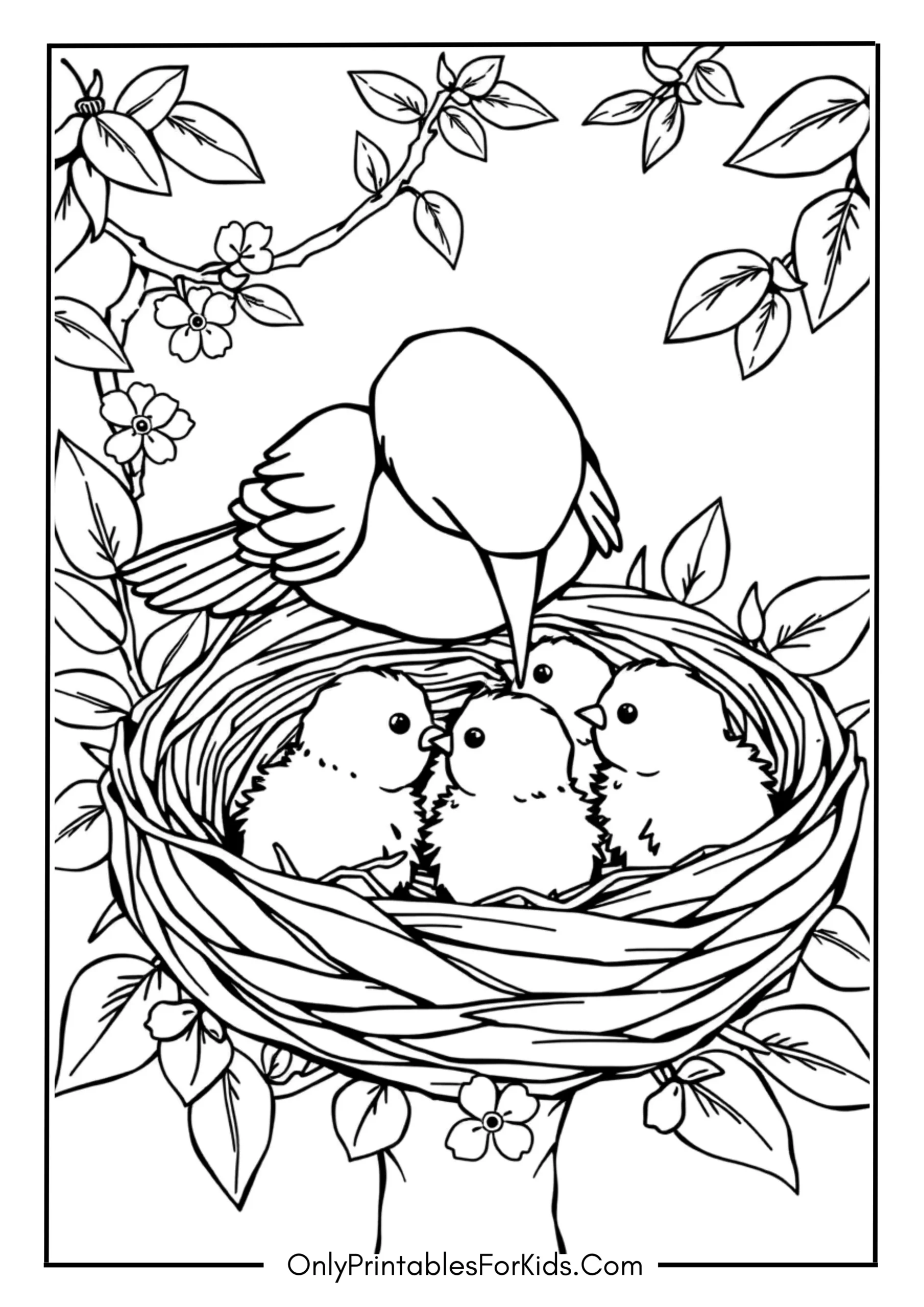 Mother Bird Feeding Chicks in a Nest