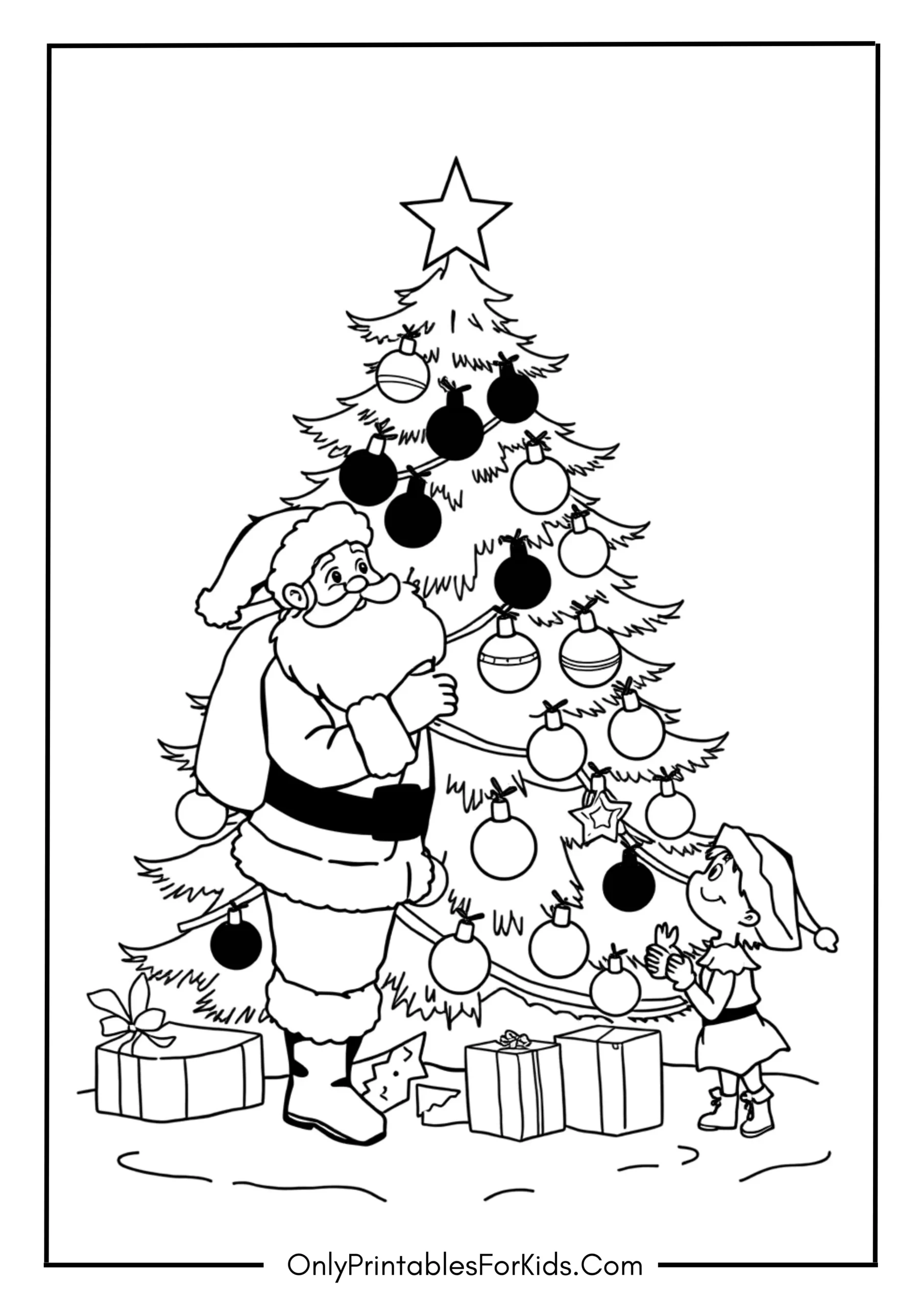 Santa and Elves Decorating the Tree Coloring Page