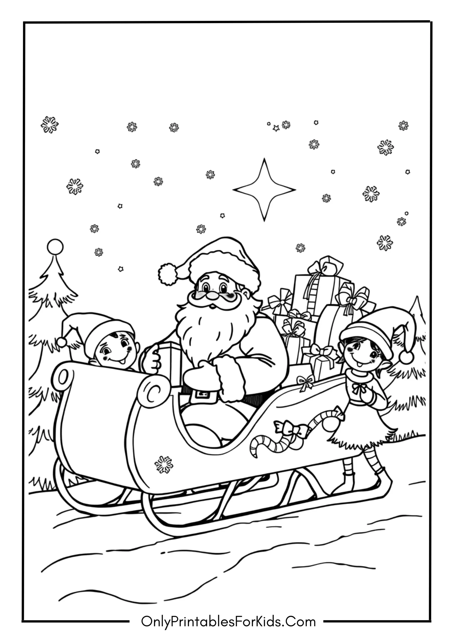 Santa and Elves on Christmas Eve Coloring Page