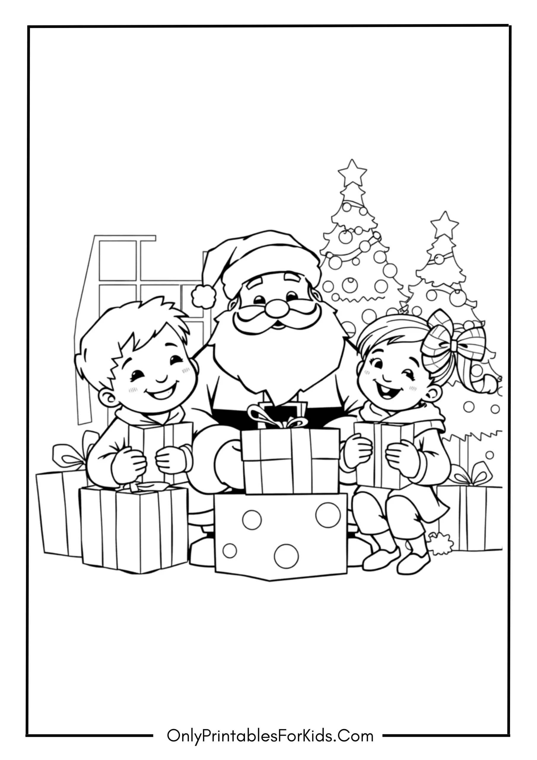 Santa and Kids Opening Gifts Coloring Page