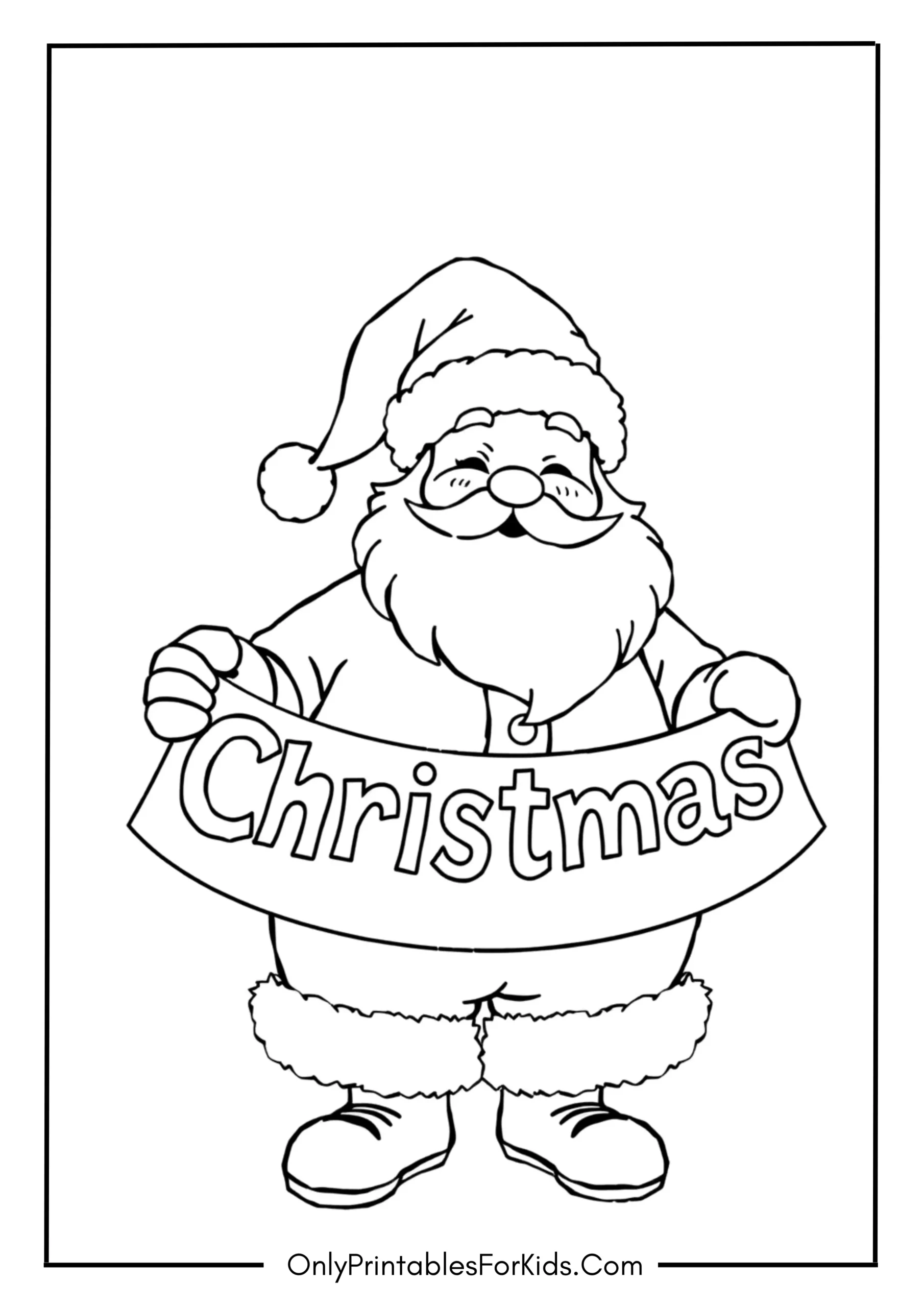 Santa with “Merry Christmas” Banner Coloring Page