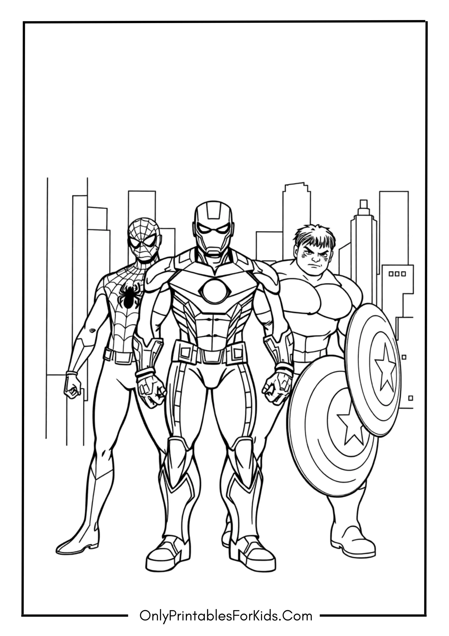 Spider-Man, Iron Man, Captain America, and Hulk Coloring Page