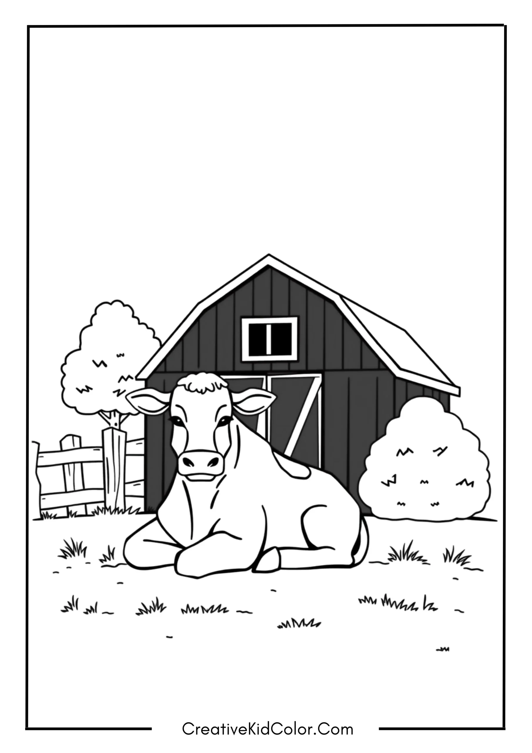 Cow Sitting Near a Barn