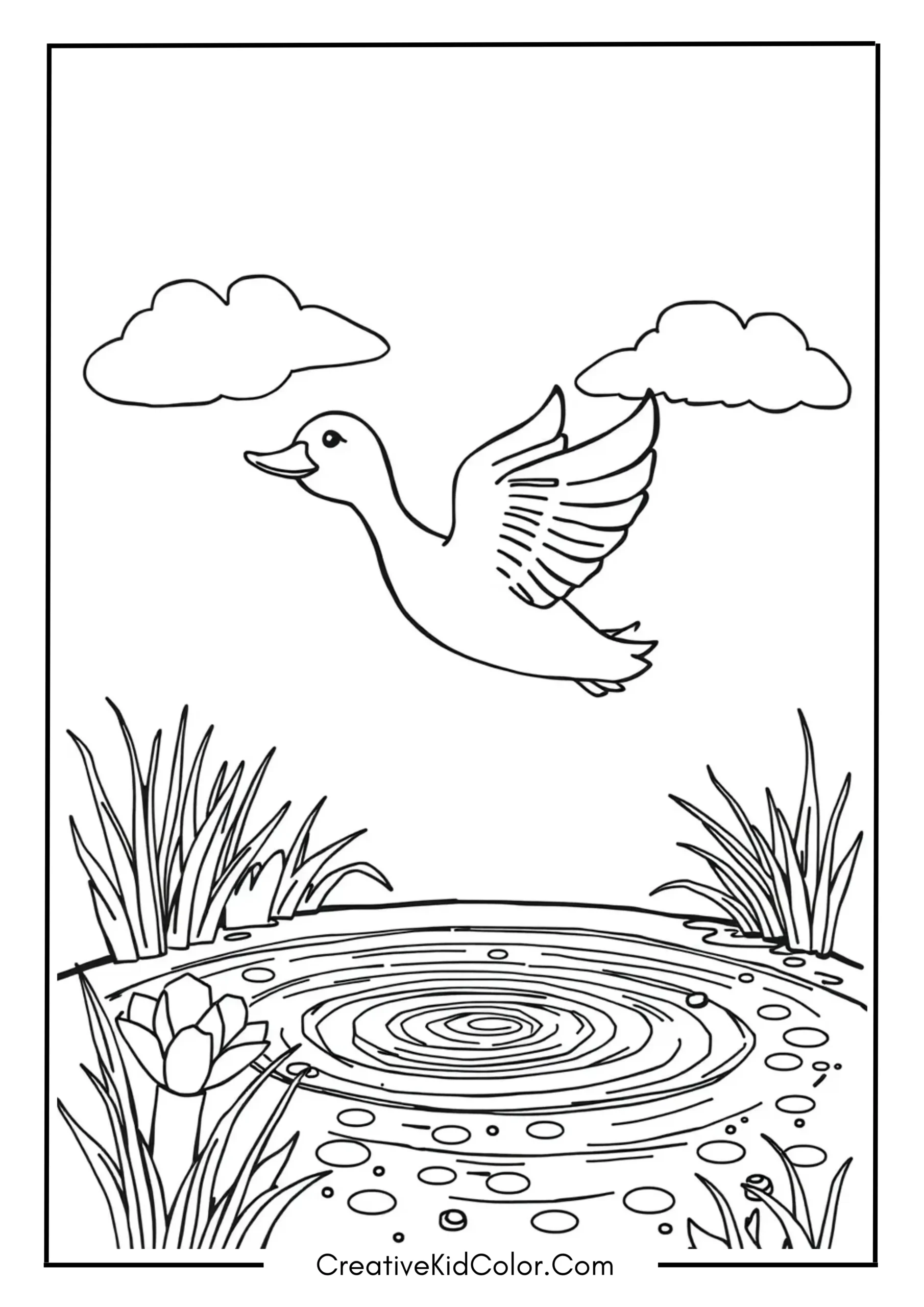 Duck Coloring Pages for Kids to Print and Color 4 Duck Flying Over a Pond