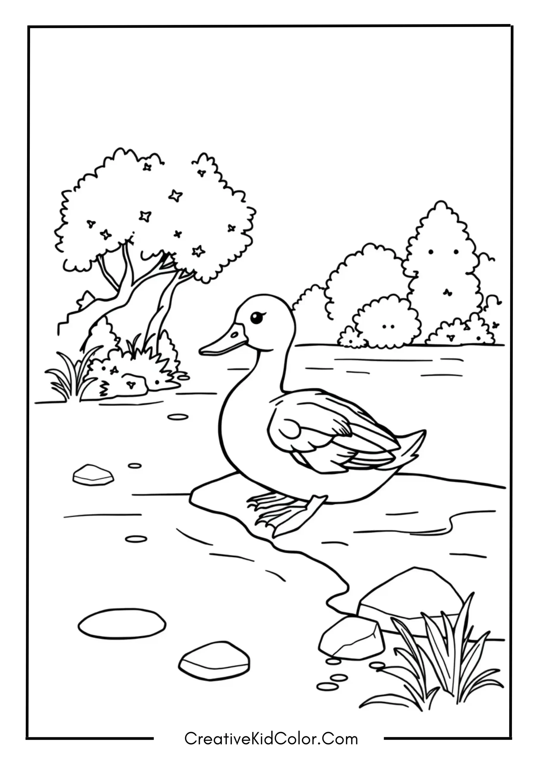 Duck Coloring Pages for Kids to Print and Color 8 Duck Sitting on a Riverbank